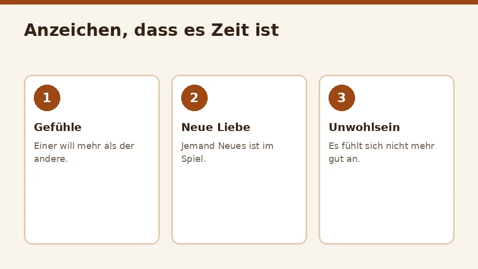 Drei Karten mit Anzeichen: ungleiche Gefühle, neue Liebe und Unwohlsein